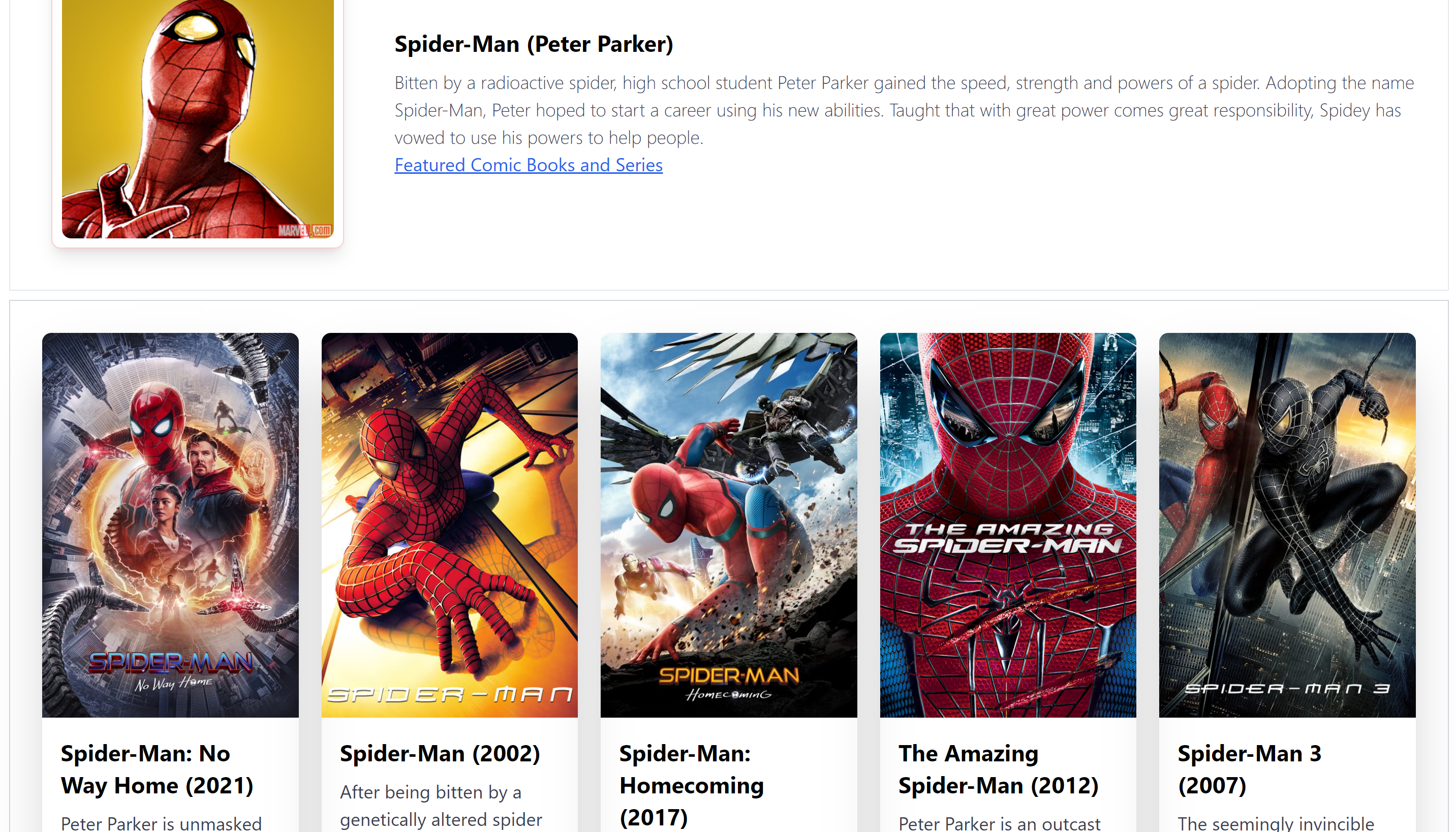 search results page for Spider Man that shows 5 Spider Man movies