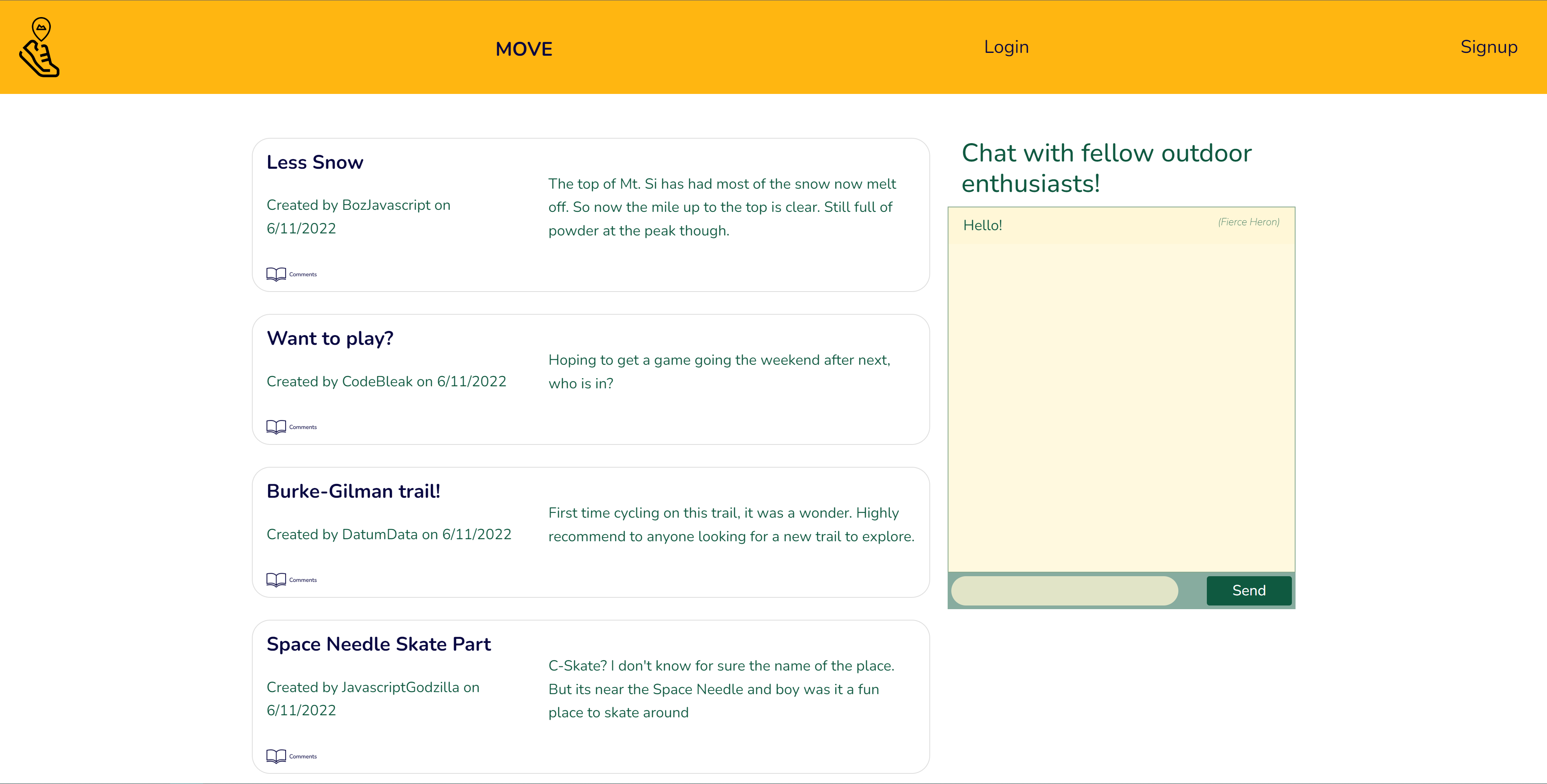 homepage of the Move applications with a series of posts on the left side and a chat box on the right side