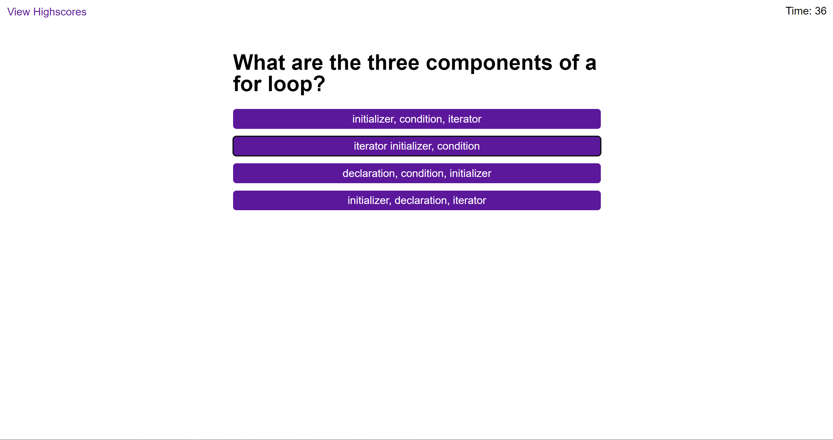 quiz page with a question asking for the three components of a for loop with four answers below it