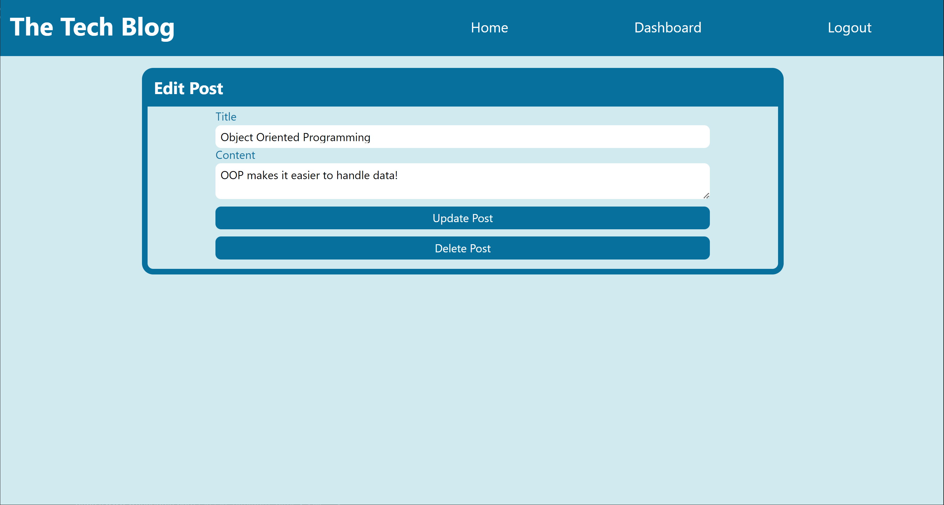 page with a card titled 'edit post' over an input for a title and an input for post content; they both are filled out and below are two buttons called 'update post' and 'delete post'