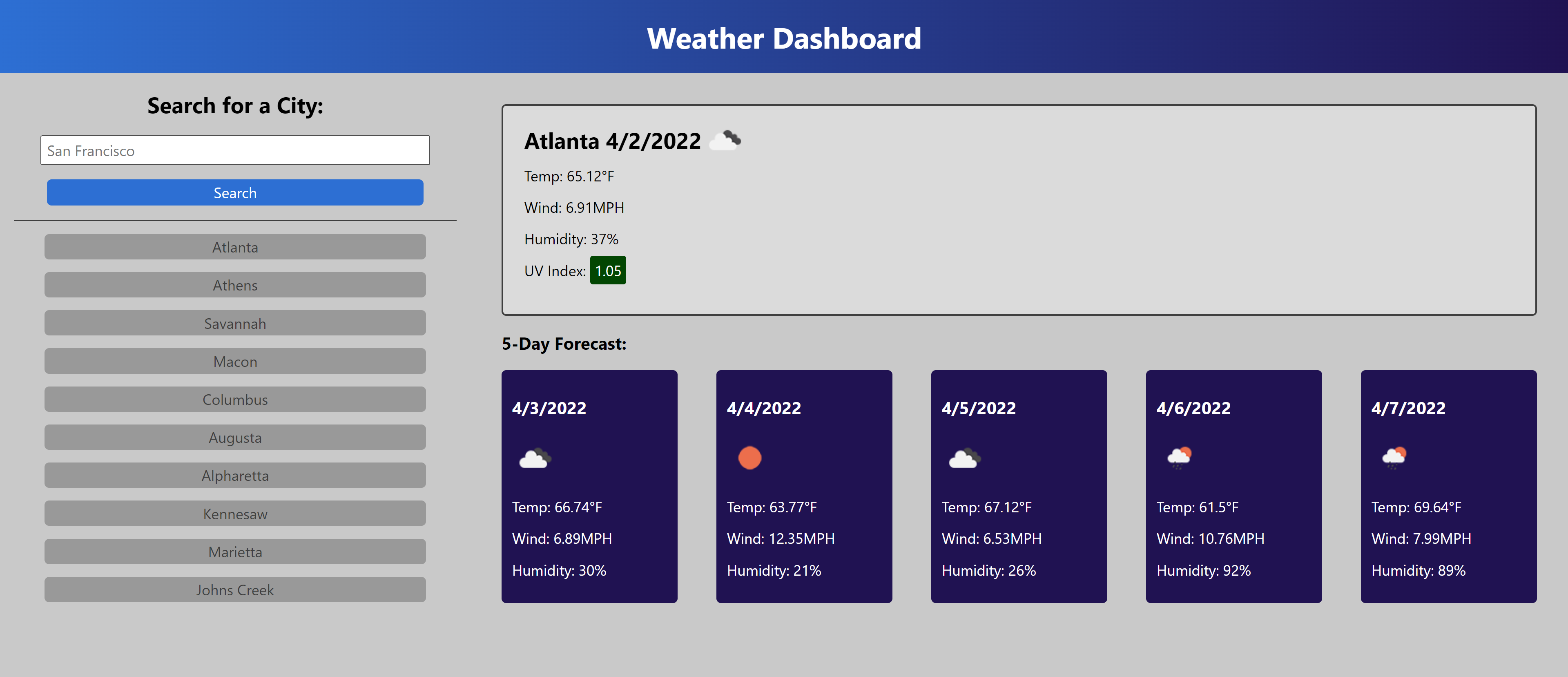 search bar with a list of past cities searched below it. The temperature and 5-day forecast for Atlanta is displayed on the other side